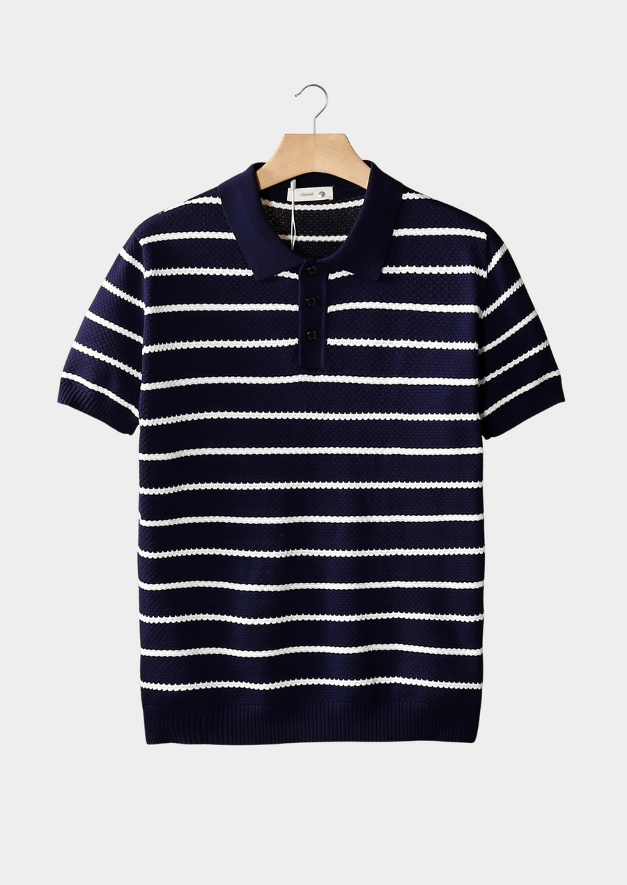 Navy Striped Textured Button Polo
