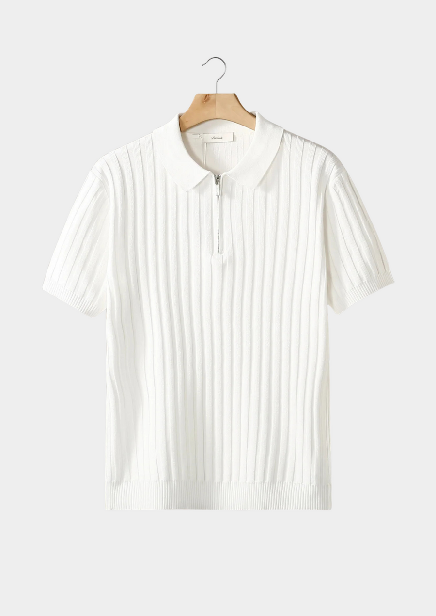 White Ribbed Zipper Polo